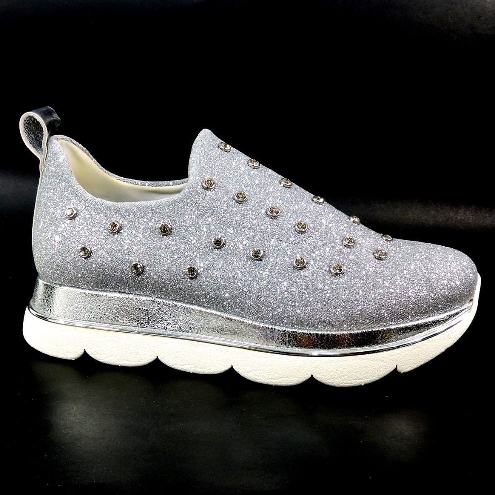 CAFeNOIR 🇮🇹 WOMENS SILVER STRETCH FABRIC SOFT FASHION SNEAKERS